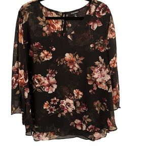 Roz & Ali V-Neck Asymmetrical Sheer Sleeves Black Floral Blouse Size 2X